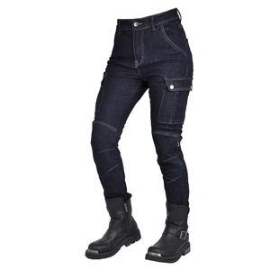 Women's dark blue denim motorcycle jeans with cargo pockets and pleated knee panels