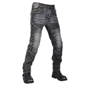 Detail of stretch accordion panels on knees of motorcycle riding jeans for flexibility