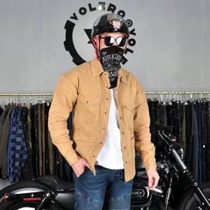 Detail view of khaki canvas motorcycle jacket with symmetrical cargo pockets and lapel collar