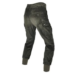 Detail view of corduroy motorcycle riding pants featuring reinforced cargo pockets and cuffs