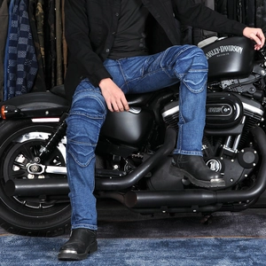 Men's retro blue motorcycle riding jeans with protective knee pads and stretch panels