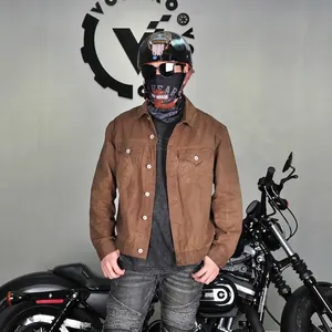 Retro waxed canvas motorcycle jacket in dark brown with metal buttons and cargo pockets
