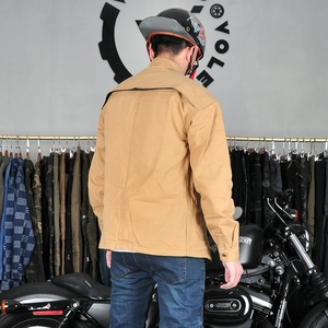 Men's retro khaki motorcycle riding jacket with back pleated stretch panels for comfort