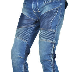 Detail of men's motorcycle jeans featuring breathable mesh panels and flexible knee pleats
