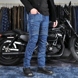 Men's retro slim fit blue biker jeans with protective padding and quilted knee details