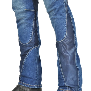 Detail of vintage motorcycle jeans with breathable mesh panels and denim stitching