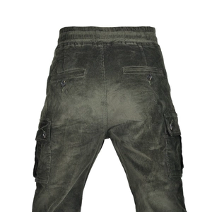 Dark green corduroy motorcycle cargo pants with multi-pockets and elastic waist back
