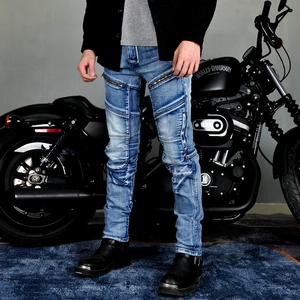 Men's retro motorcycle jeans in light blue wash with heavy duty zippers and protective panels