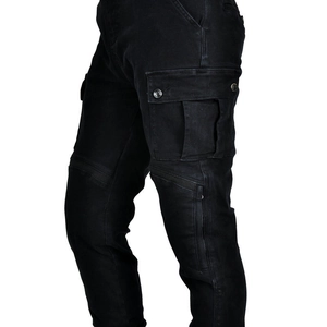 Detail view of motorcycle cargo pants with Kevlar knee protection and side pocket