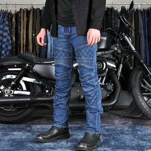 Men's retro blue motorcycle jeans with protective knee pads and reinforced quilting