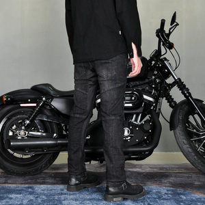 Slim fit motorcycle jeans with reinforced stitching shown from a rear back view