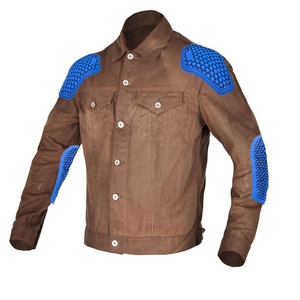 Detail view of vintage brown motorcycle jacket with blue protective padding on elbows
