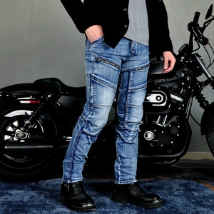 Men's retro motorcycle riding jeans with knee stretch panels and heavy wash denim