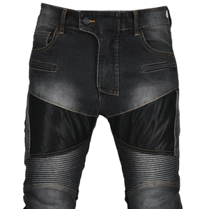 Close-up of motorcycle jeans featuring breathable mesh panels and flexible knee pleats