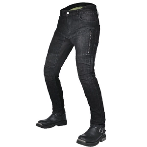 Detail of black motorcycle riding jeans with accordion stretch knees and cargo pockets