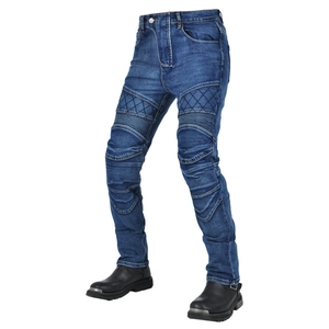 Detail of motorcycle jeans with ribbed stretch panels and quilted reinforced knee pads