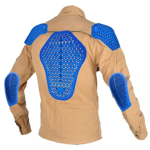 Detail view of khaki motorcycle jacket with removable blue honeycomb protective armor pads