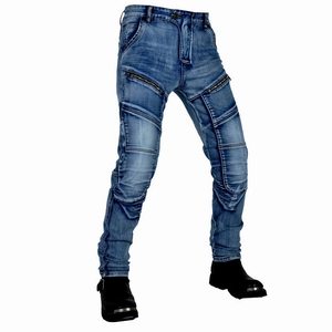 Detail view of light blue motorcycle jeans featuring protective knee pleats and zip pockets