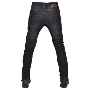 Rear view of motorcycle jeans featuring accordion stretch panels for enhanced flexibility