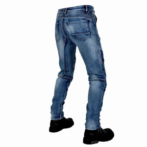 Detail of blue motorcycle jeans with stretch accordion panels on waist and knees
