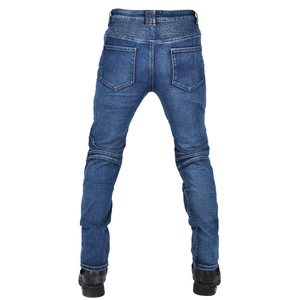 Detail of accordion stretch panels on the knees and back of motorcycle denim pants