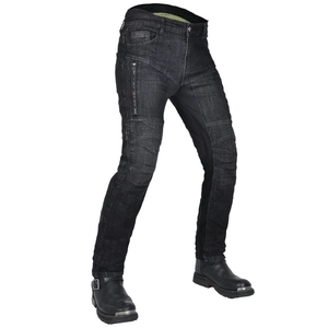 Detail of accordion stretch panels on knees of men's motorcycle riding jeans
