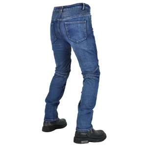 Detail of blue motorcycle jeans with accordion stretch panels on the back and knees