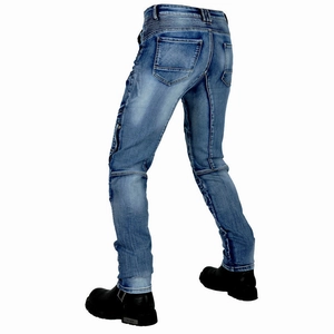 Detailed view of motorcycle jeans with accordion stretch panels for enhanced mobility