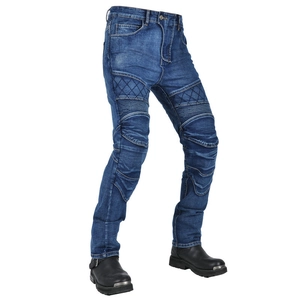 Detail of motorcycle jeans with protective knee pleats and reinforced diamond stitching