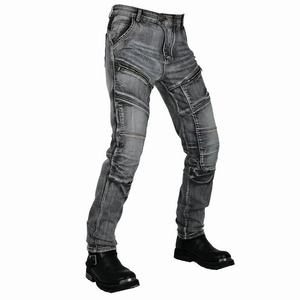 Graue Motorradjeans mit schützenden Kniefalten und metallischen Reißverschlüssen