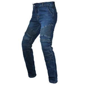 Détail de jeans moto bleu foncé avec panneaux extensibles en accordéon pour plus de souplesse