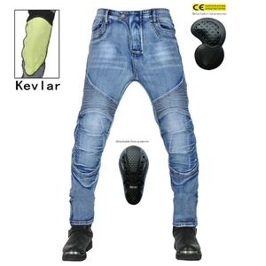 Motorcycle jeans with detachable CE knee protectors and aramid abrasion-resistant lining