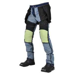 Detail of inner protective lining and yellow knee armor on washed motorcycle jeans