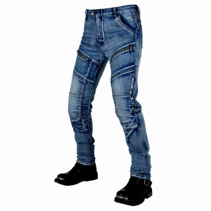 Detail of blue motorcycle jeans featuring accordion stretch panels and tactical zipper pocket