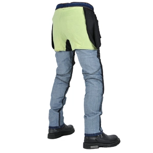 Detailed view of motorcycle riding jeans with protective patches and multi-pocket design