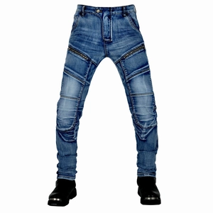 Detail of men's moto jeans with reinforced pleated knees and zippered thigh pockets