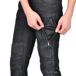Detail of motorcycle jeans featuring protective mesh lining and elastic knee panels