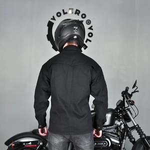 Rear view of a black motorcycle riding shirt jacket with expandable back pleats for mobility