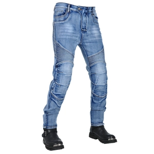 Detail of accordion stretch panels on motorcycle jeans for enhanced knee flexibility