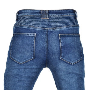 Detail view of biker style ribbing and heavy washed texture on motorcycle jeans back