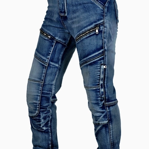 Detail of blue motorcycle jeans featuring reinforced knee panels and metal zippers