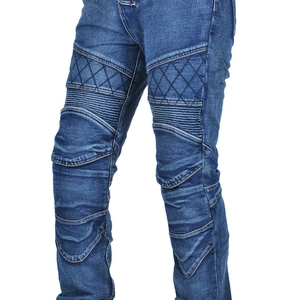 Detailed view of motorcycle jeans featuring quilted patterns and accordion stretch panels