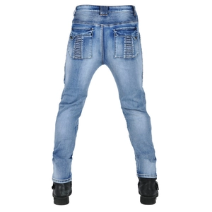 Detail view of light blue denim motorcycle jeans featuring pleated ribbing on back pockets