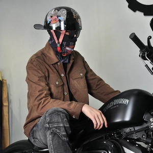 Retro wax-coated motorcycle jacket with vintage biker helmet and logo face mask