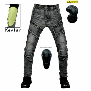 Detail of motorcycle jeans with Kevlar fiber, CE certified knee pads and hip protectors