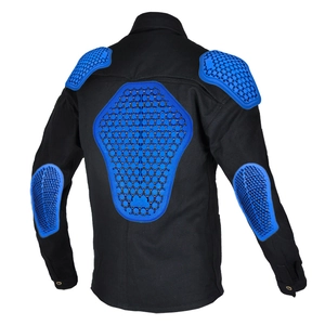 Rear view of black motorcycle jacket showing blue honeycomb armor on back, shoulders and elbows