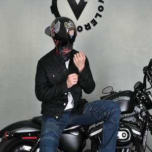 Retro wax-coated motorcycle riding jacket set with vintage helmet and face mask