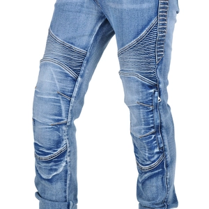 Detail of motorcycle jeans featuring ribbed stretch panels on knees and light blue wash