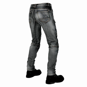 Detail of grey motorcycle jeans showing elastic accordion panels for flexible riding