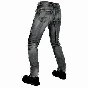 Men's motorcycle jeans with Kevlar panels and protective gear in washed dark grey